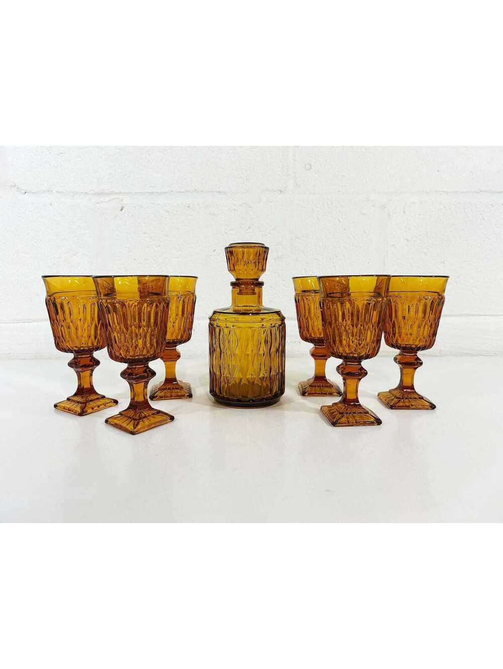 Vintage Glass Decanter & Set of 6 Aperitif Glasses Amber Mt Vernon Cordial 70s
